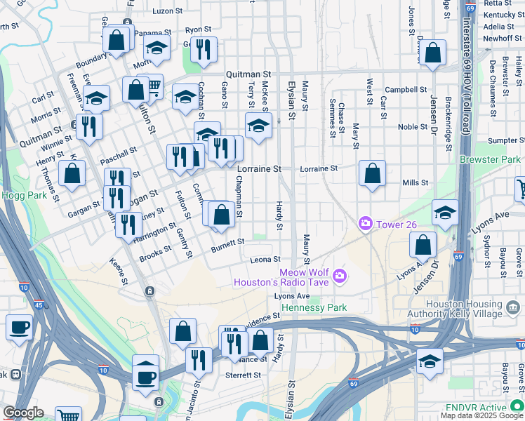 map of restaurants, bars, coffee shops, grocery stores, and more near 1620 McKee Street in Houston