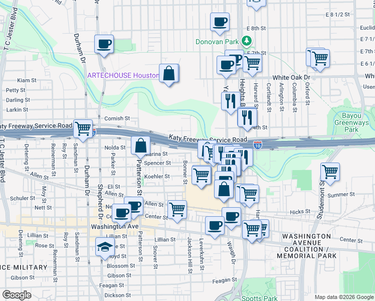 map of restaurants, bars, coffee shops, grocery stores, and more near 1612 Bonner Street in Houston
