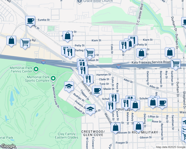 map of restaurants, bars, coffee shops, grocery stores, and more near 6311 Stillman Street in Houston