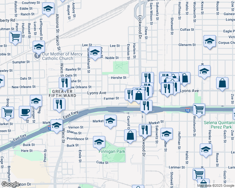 map of restaurants, bars, coffee shops, grocery stores, and more near 5107 Lyons Avenue in Houston