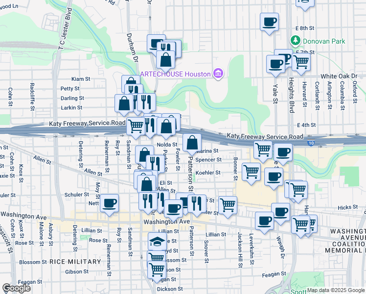 map of restaurants, bars, coffee shops, grocery stores, and more near 4602 Nolda Street in Houston