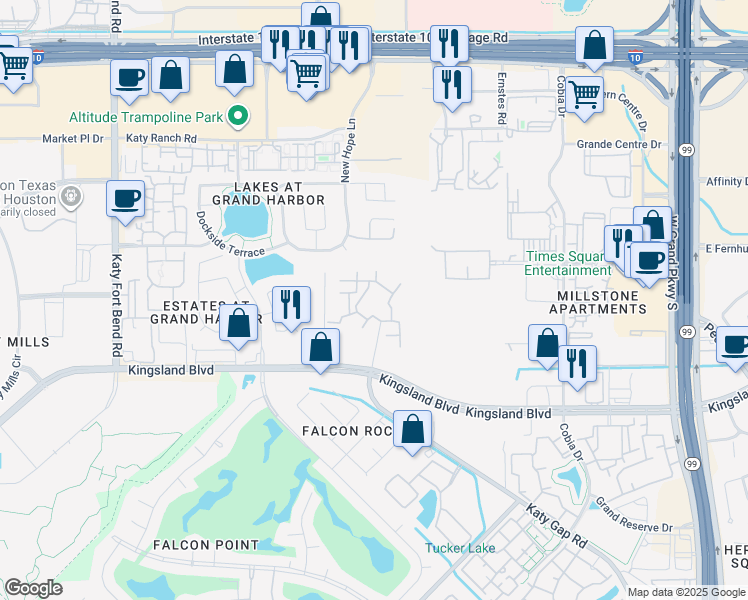 map of restaurants, bars, coffee shops, grocery stores, and more near 1002 Katy Gap Road in Katy