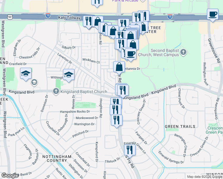map of restaurants, bars, coffee shops, grocery stores, and more near 706 South Fry Road in Katy