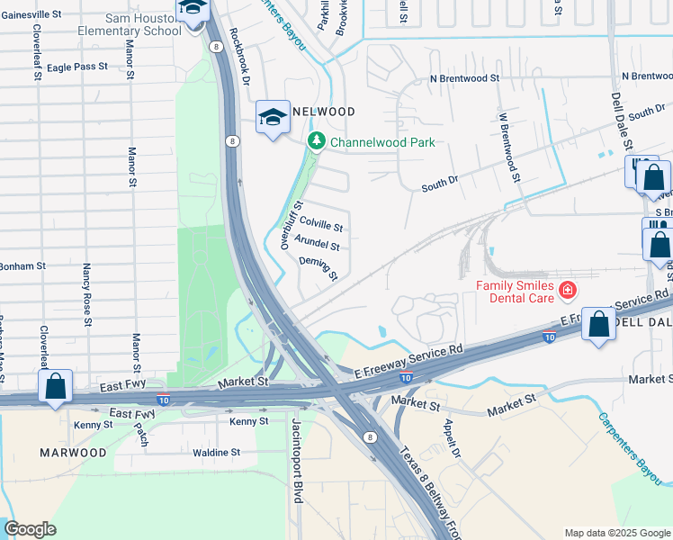map of restaurants, bars, coffee shops, grocery stores, and more near 14931 Deming Street in Channelview