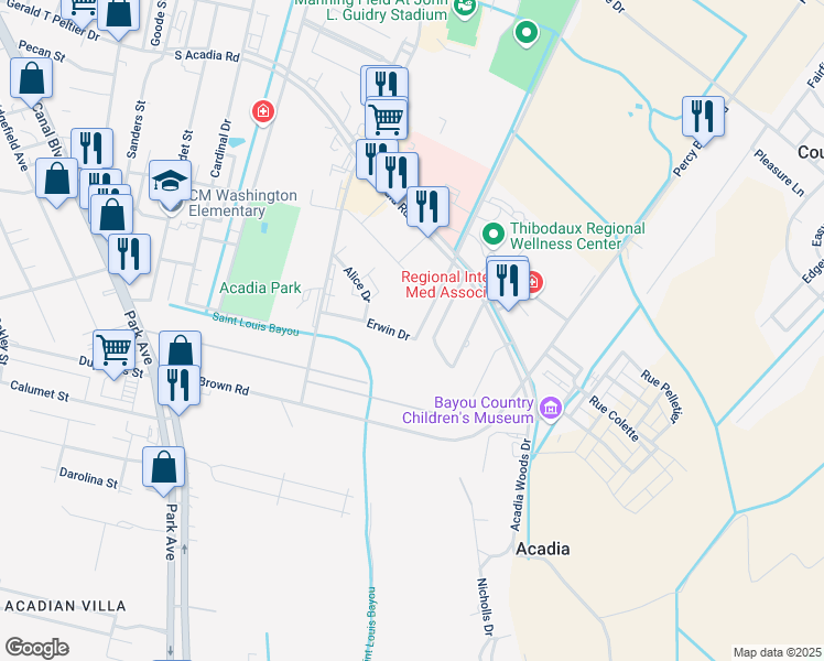 map of restaurants, bars, coffee shops, grocery stores, and more near 201-215 Erwin Drive in Thibodaux