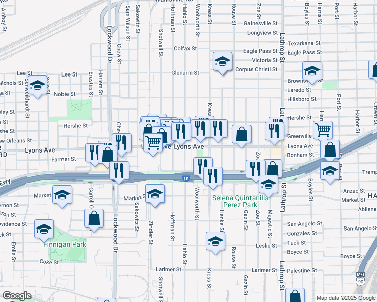 map of restaurants, bars, coffee shops, grocery stores, and more near 6112 Lyons Avenue in Houston