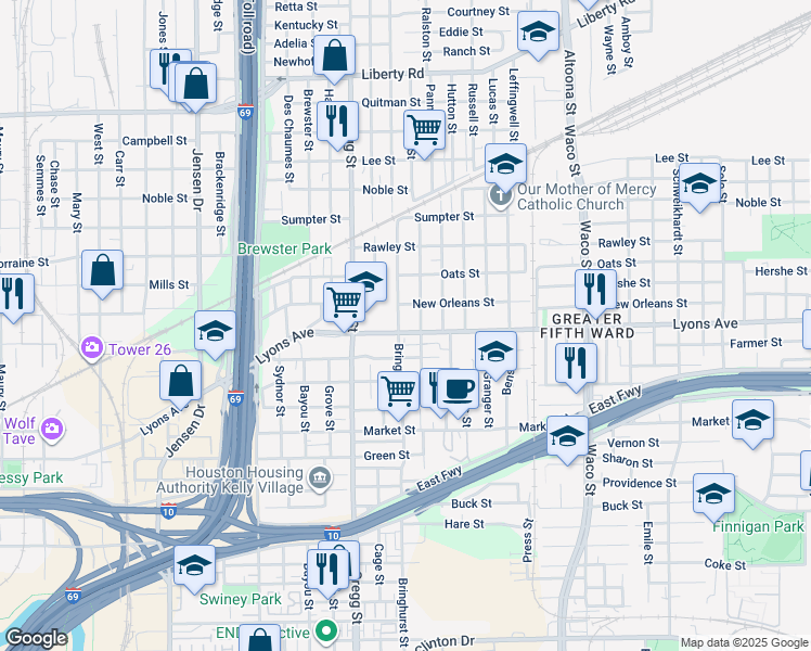 map of restaurants, bars, coffee shops, grocery stores, and more near 1614 Bringhurst Street in Houston