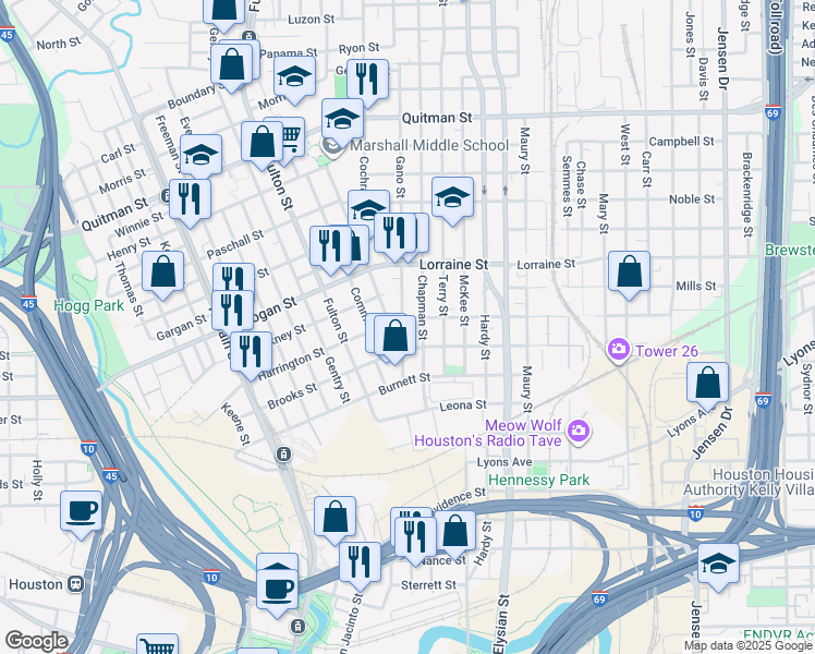 map of restaurants, bars, coffee shops, grocery stores, and more near 1217 Harrington Street in Houston
