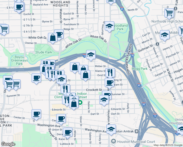 map of restaurants, bars, coffee shops, grocery stores, and more near 2118 Sabine Street in Houston