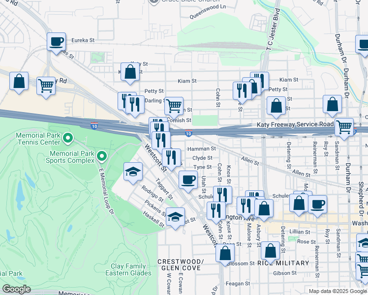 map of restaurants, bars, coffee shops, grocery stores, and more near 6311 Stillman Street in Houston
