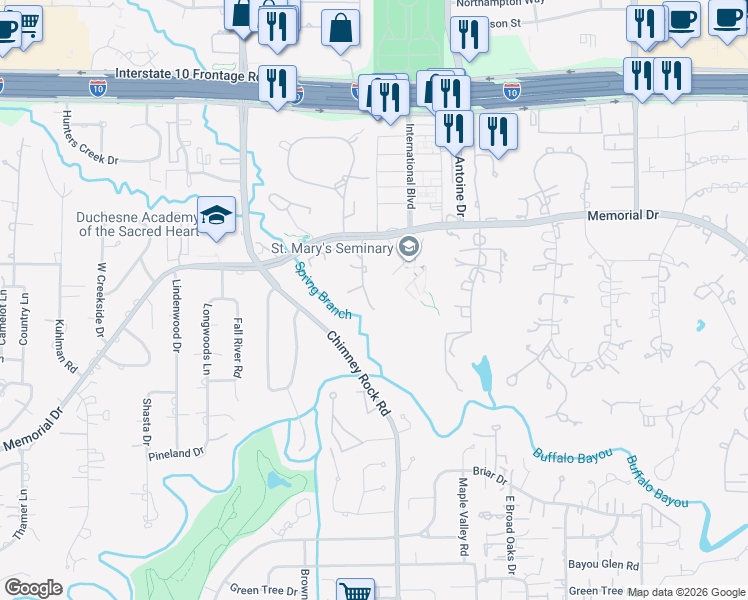 map of restaurants, bars, coffee shops, grocery stores, and more near 360 Timber Terrace Road in Houston