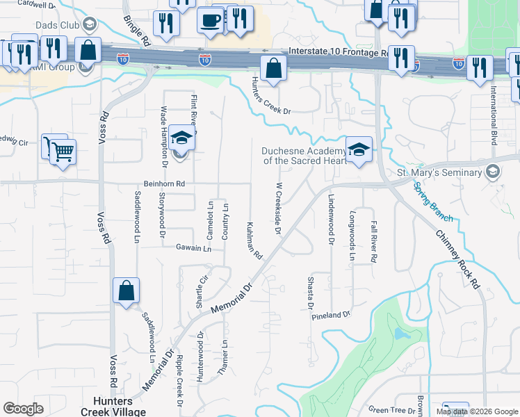 map of restaurants, bars, coffee shops, grocery stores, and more near 725 West Creekside Drive in Houston