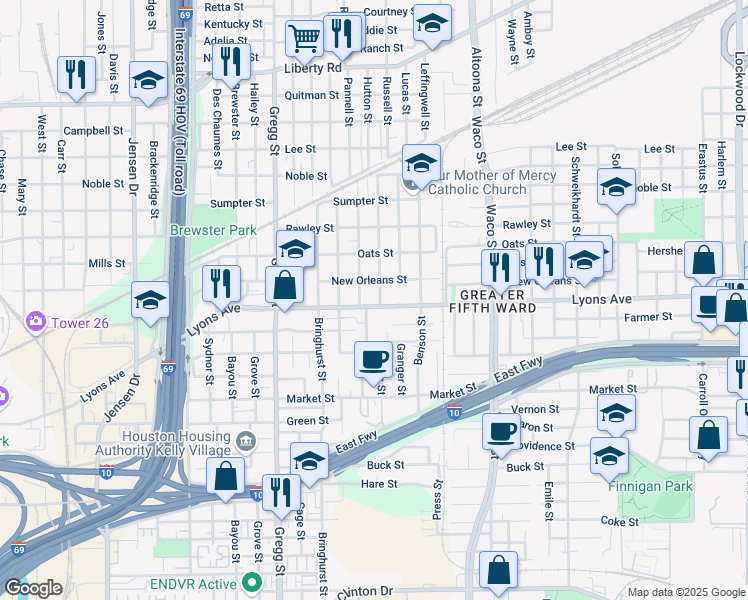 map of restaurants, bars, coffee shops, grocery stores, and more near 3811 Lyons Avenue in Houston