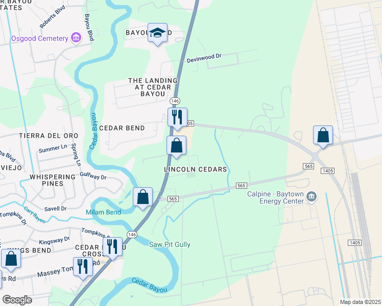 map of restaurants, bars, coffee shops, grocery stores, and more near 117 Carver Street in Baytown
