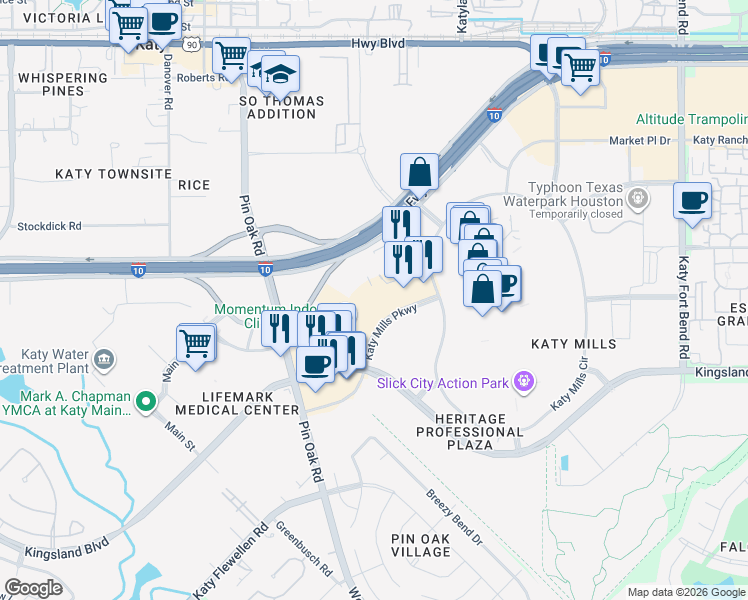 map of restaurants, bars, coffee shops, grocery stores, and more near 25402 Katy Mills Parkway in Katy