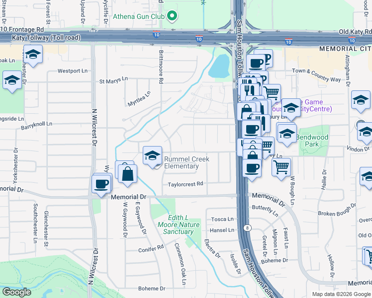 map of restaurants, bars, coffee shops, grocery stores, and more near 702 Cinnamon Oak Lane in Houston