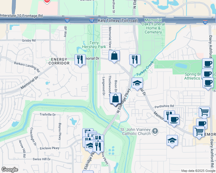 map of restaurants, bars, coffee shops, grocery stores, and more near 738 Langwood Drive in Houston
