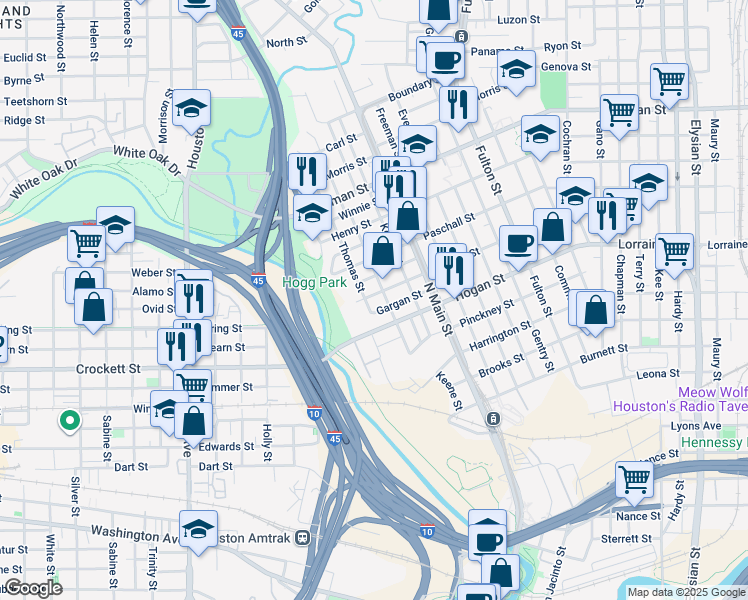 map of restaurants, bars, coffee shops, grocery stores, and more near 402 James in Houston