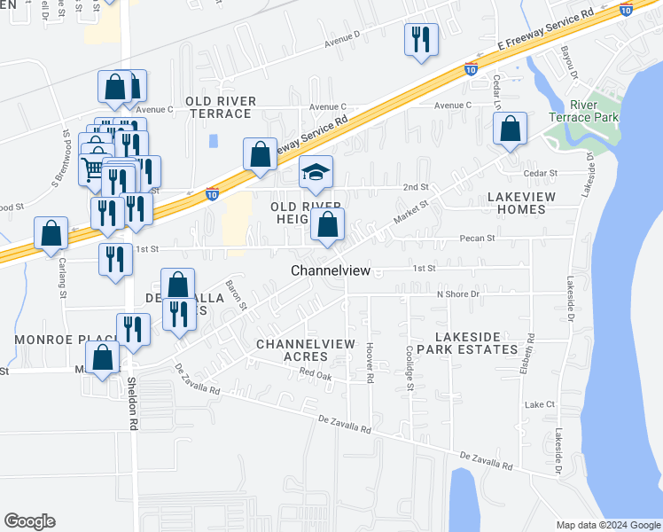 map of restaurants, bars, coffee shops, grocery stores, and more near 16939 Market Street in Channelview