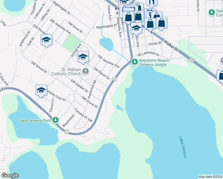 map of restaurants, bars, coffee shops, grocery stores, and more near 755 South Lawrence Boulevard in Keystone Heights