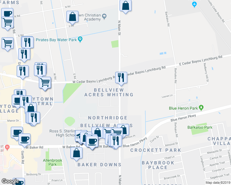 map of restaurants, bars, coffee shops, grocery stores, and more near 4823 North Main Street in Baytown