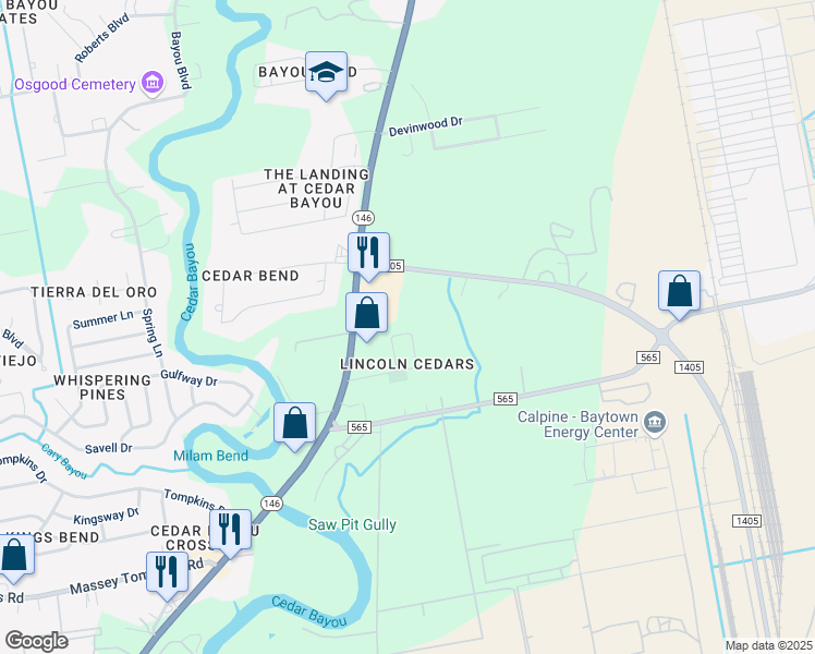 map of restaurants, bars, coffee shops, grocery stores, and more near 117 Carver Street in Baytown