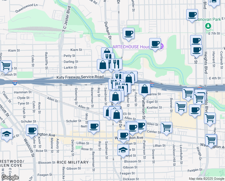 map of restaurants, bars, coffee shops, grocery stores, and more near Durham Dr & Nolda St in Houston