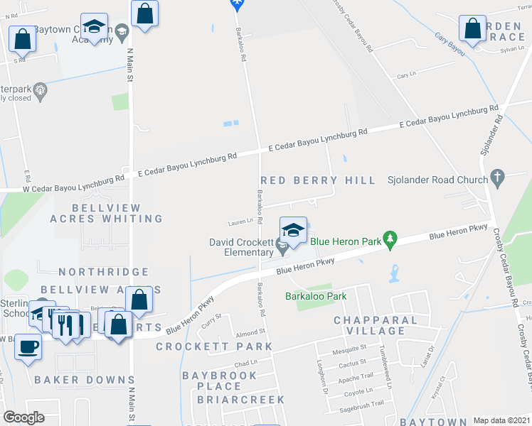 map of restaurants, bars, coffee shops, grocery stores, and more near 802 Redberry Hill Street in Baytown