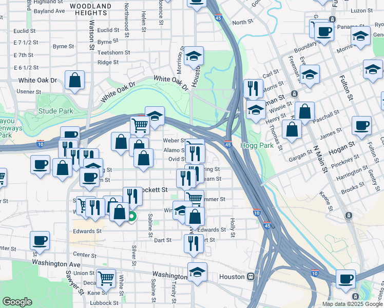 map of restaurants, bars, coffee shops, grocery stores, and more near 1509 Alamo Street in Houston