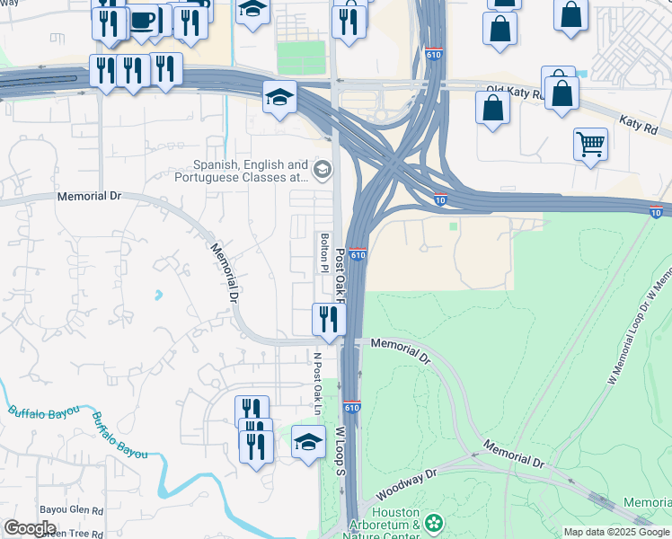 map of restaurants, bars, coffee shops, grocery stores, and more near 502 Post Oak Road in Houston