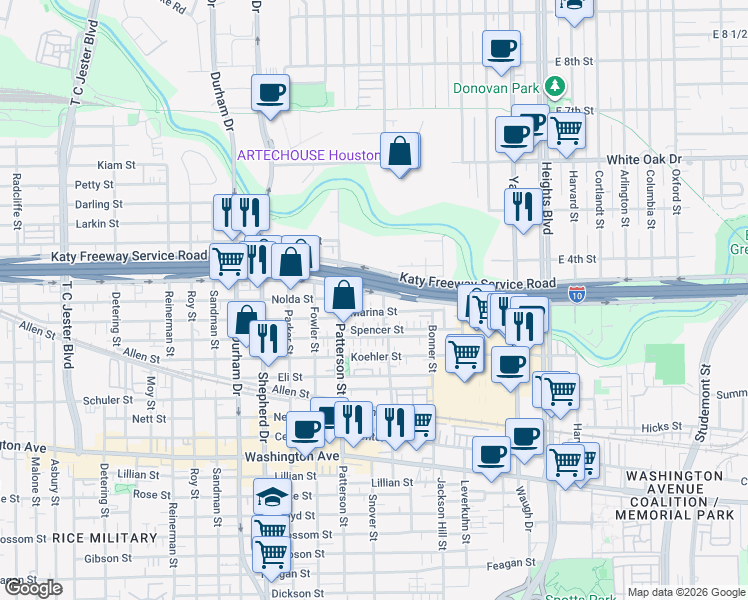 map of restaurants, bars, coffee shops, grocery stores, and more near 4303 Chester Street in Houston