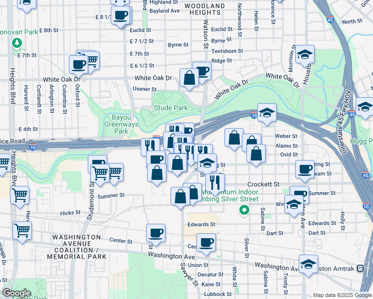 map of restaurants, bars, coffee shops, grocery stores, and more near 2423 Katy Freeway in Houston