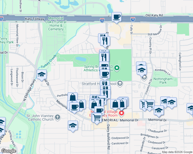 map of restaurants, bars, coffee shops, grocery stores, and more near 806 Pinesap Drive in Houston