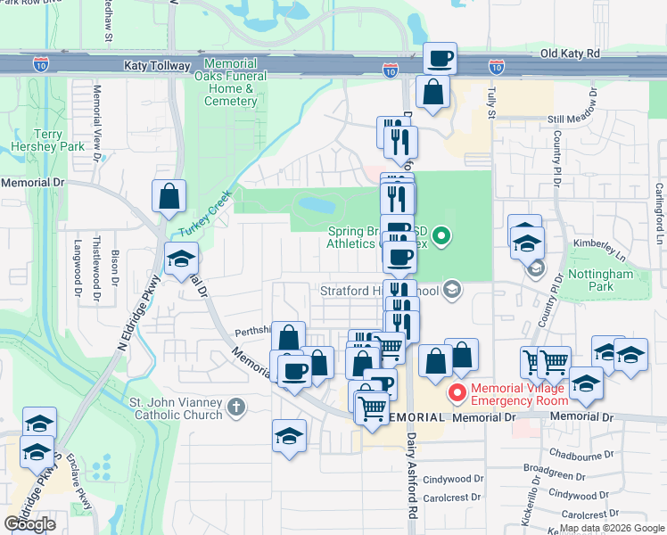 map of restaurants, bars, coffee shops, grocery stores, and more near 807 Thicket Lane in Houston