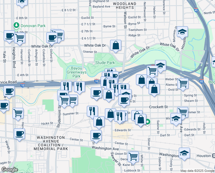 map of restaurants, bars, coffee shops, grocery stores, and more near 2425 Katy Freeway in Houston