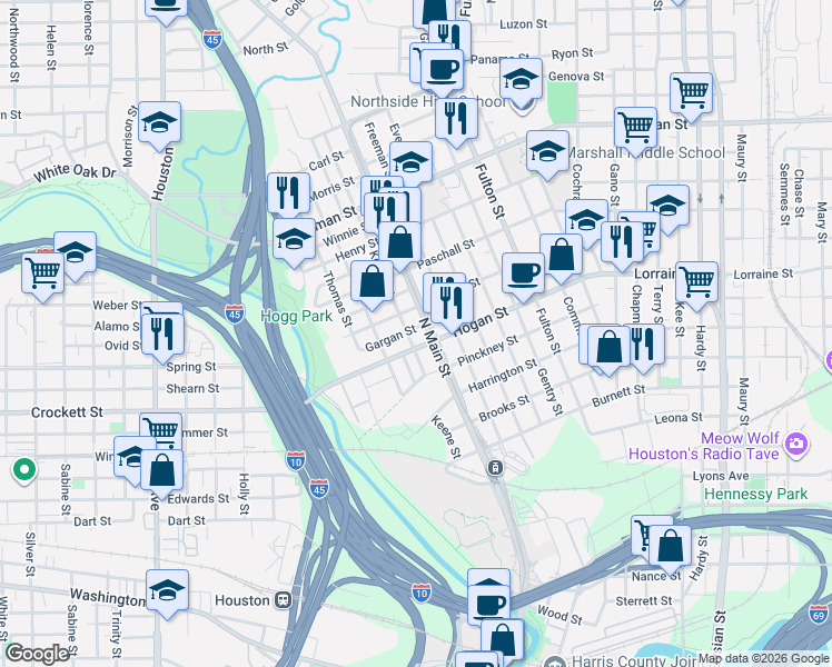 map of restaurants, bars, coffee shops, grocery stores, and more near 506 Gargan Street in Houston