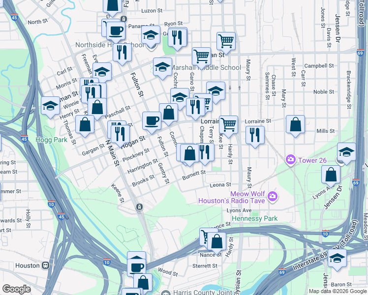map of restaurants, bars, coffee shops, grocery stores, and more near 1211 Harrington Street in Houston