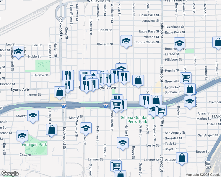 map of restaurants, bars, coffee shops, grocery stores, and more near 6112 Lyons Avenue in Houston