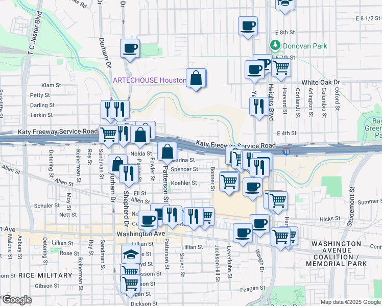 map of restaurants, bars, coffee shops, grocery stores, and more near 4301 Chester Street in Houston
