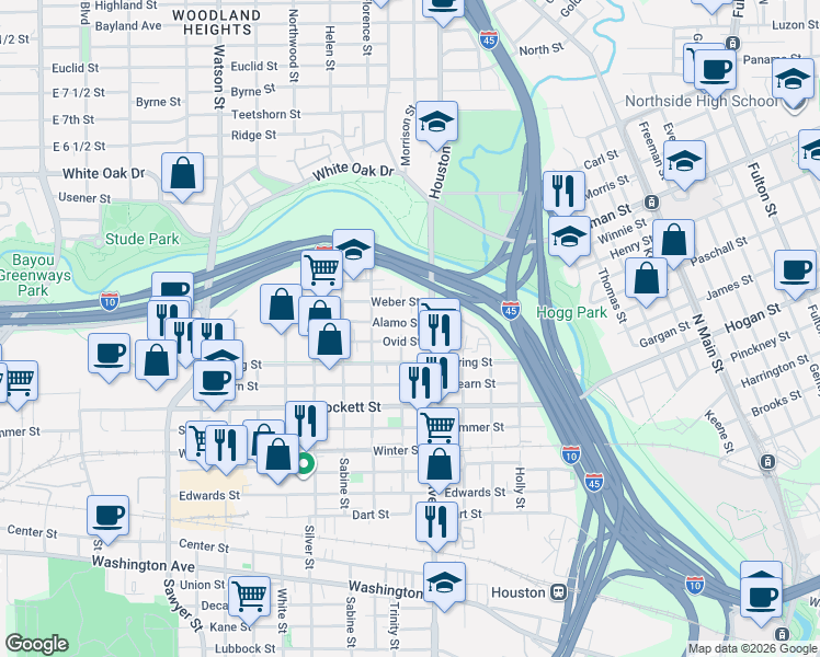 map of restaurants, bars, coffee shops, grocery stores, and more near 1509 Alamo Street in Houston