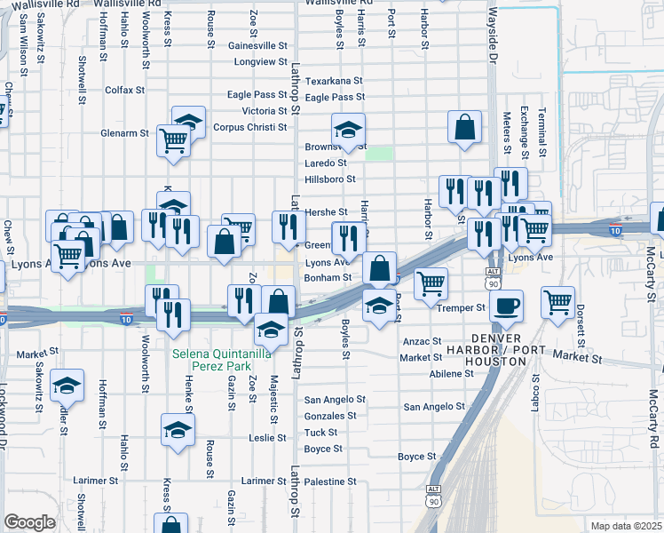 map of restaurants, bars, coffee shops, grocery stores, and more near 7016 Lyons Ave in Houston