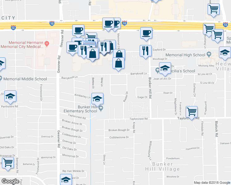 map of restaurants, bars, coffee shops, grocery stores, and more near 11930 Kimberley Lane in Houston
