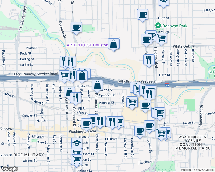 map of restaurants, bars, coffee shops, grocery stores, and more near 4301 Chester Street in Houston
