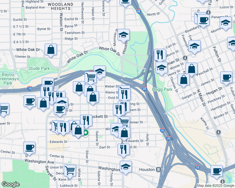 map of restaurants, bars, coffee shops, grocery stores, and more near 1509 Alamo Street in Houston