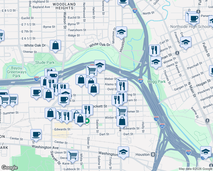 map of restaurants, bars, coffee shops, grocery stores, and more near 1619 Alamo Street in Houston
