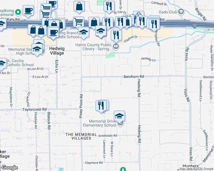 map of restaurants, bars, coffee shops, grocery stores, and more near 4 Hacienda Lane in Houston