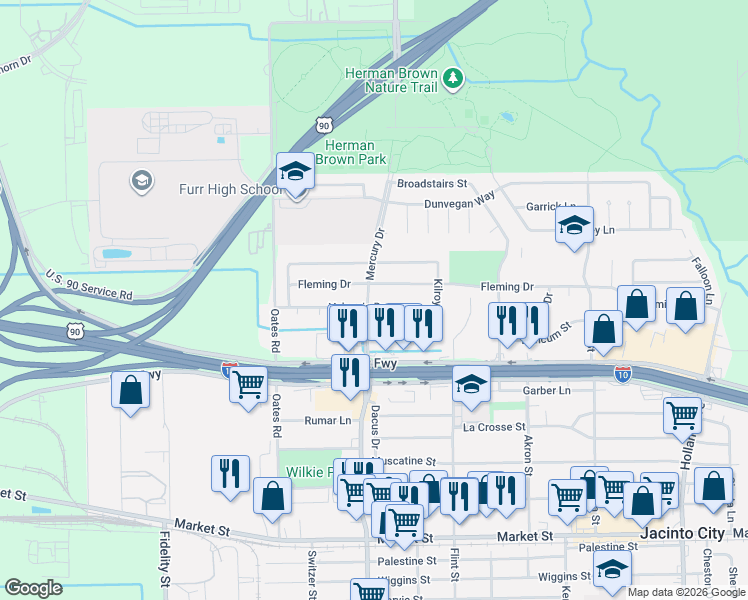 map of restaurants, bars, coffee shops, grocery stores, and more near 10303 Valencia Dr in Houston
