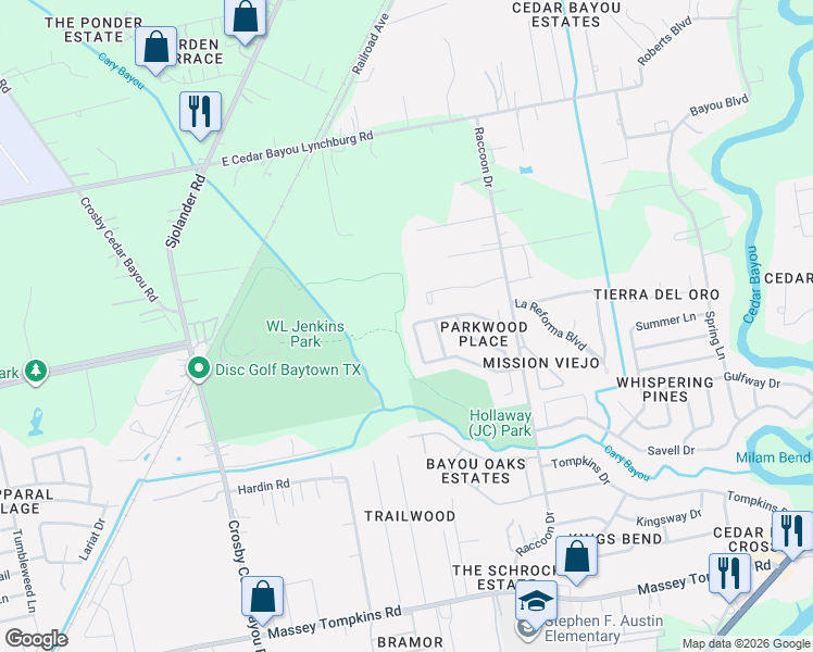 map of restaurants, bars, coffee shops, grocery stores, and more near 4525 Park Shadow Drive in Baytown