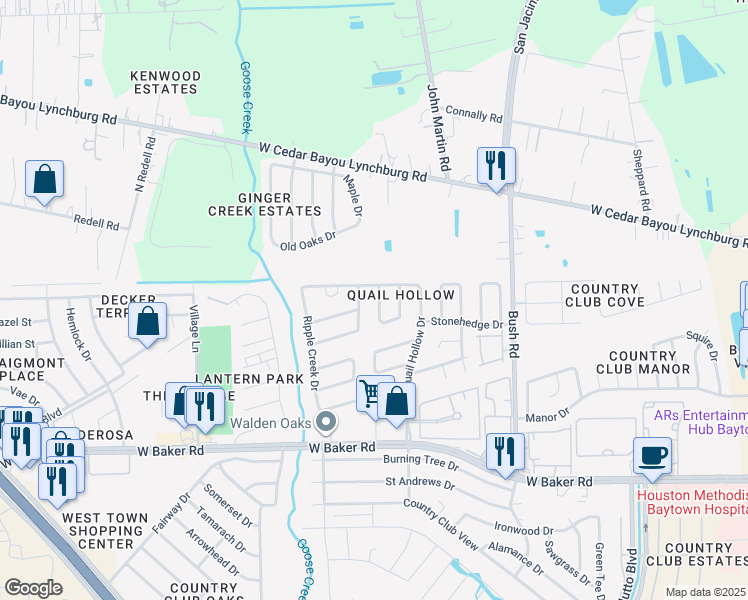 map of restaurants, bars, coffee shops, grocery stores, and more near 4810 Sandalwood Circle in Baytown