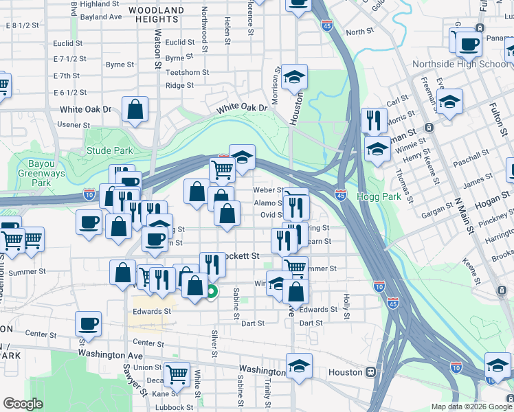 map of restaurants, bars, coffee shops, grocery stores, and more near 1619 Alamo Street in Houston